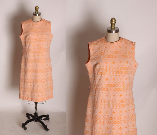 1960s Peach Pink Orange Geometric Sleeveless Polyester Shift Dress -L