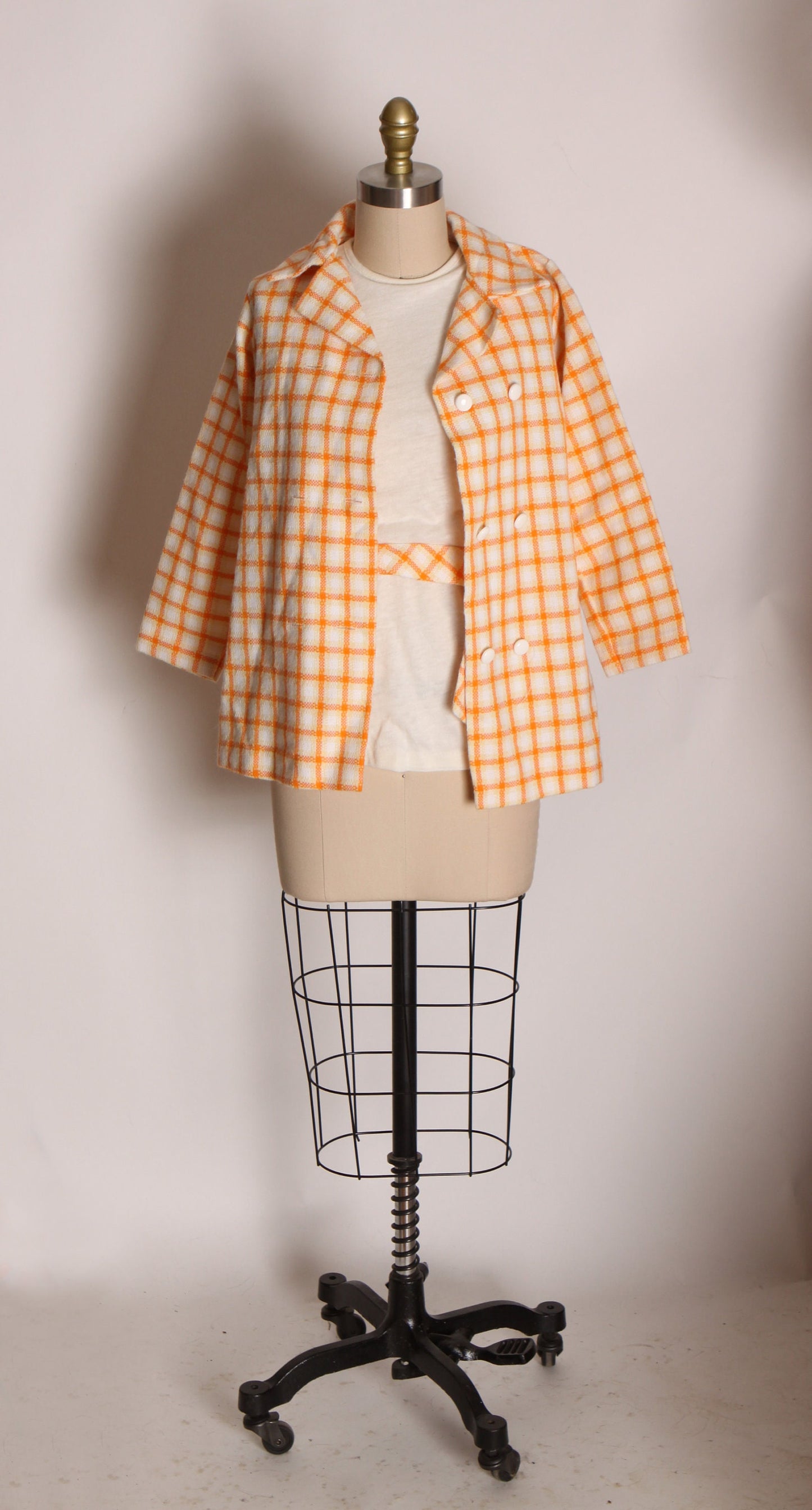 1960s Orange and Cream Plaid 3/4 Length Jacket with Matching Sleeveless Blouse by Montgomery Ward -XS