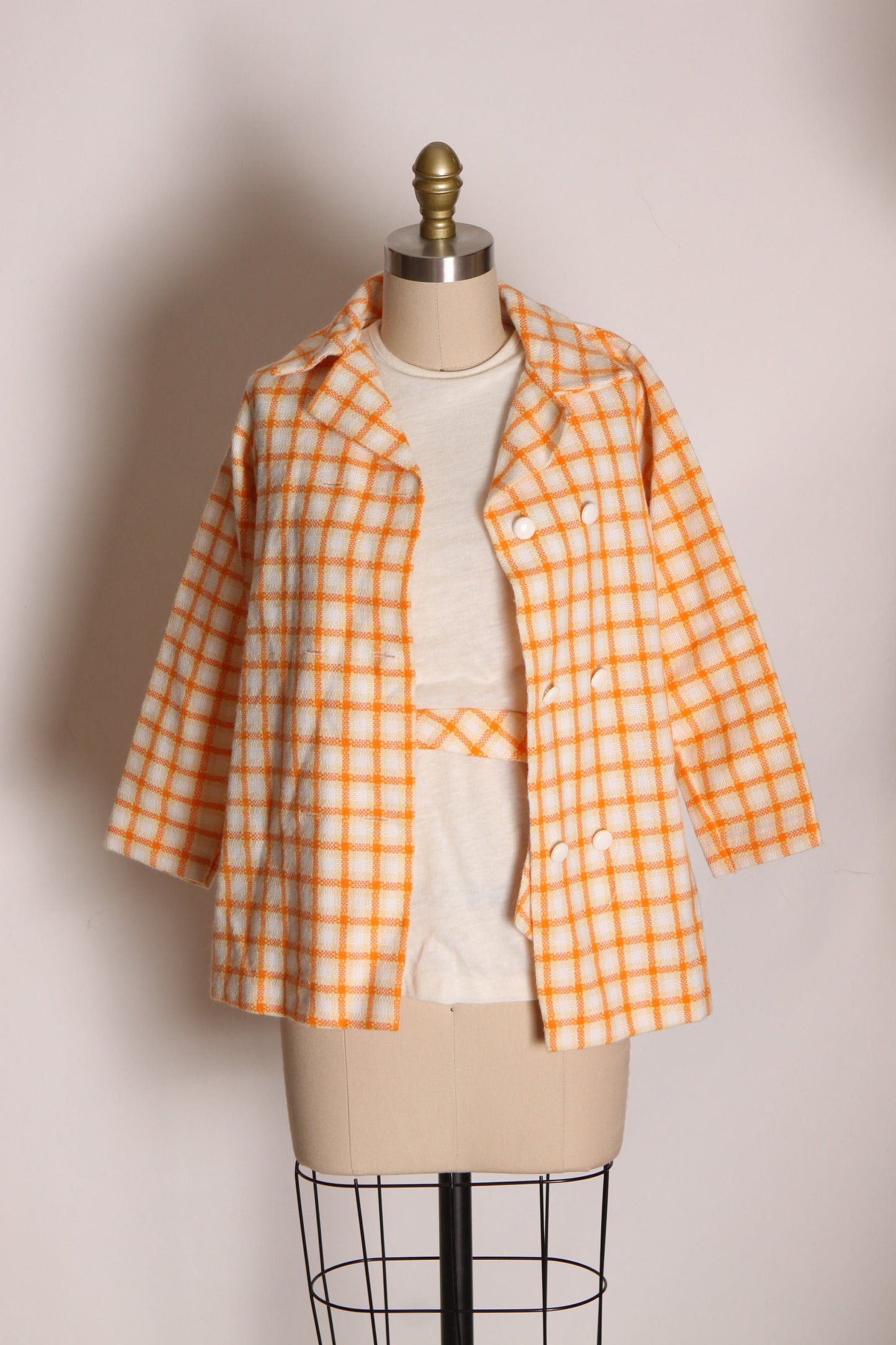 1960s Orange and Cream Plaid 3/4 Length Jacket with Matching Sleeveless Blouse by Montgomery Ward -XS