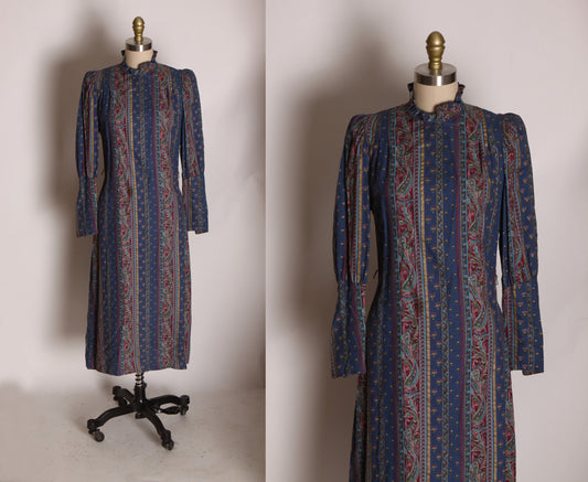 1970s Dark Blue, Tan and Burgundy Striped Paisley Long Sleeve Dress by Belle France -M