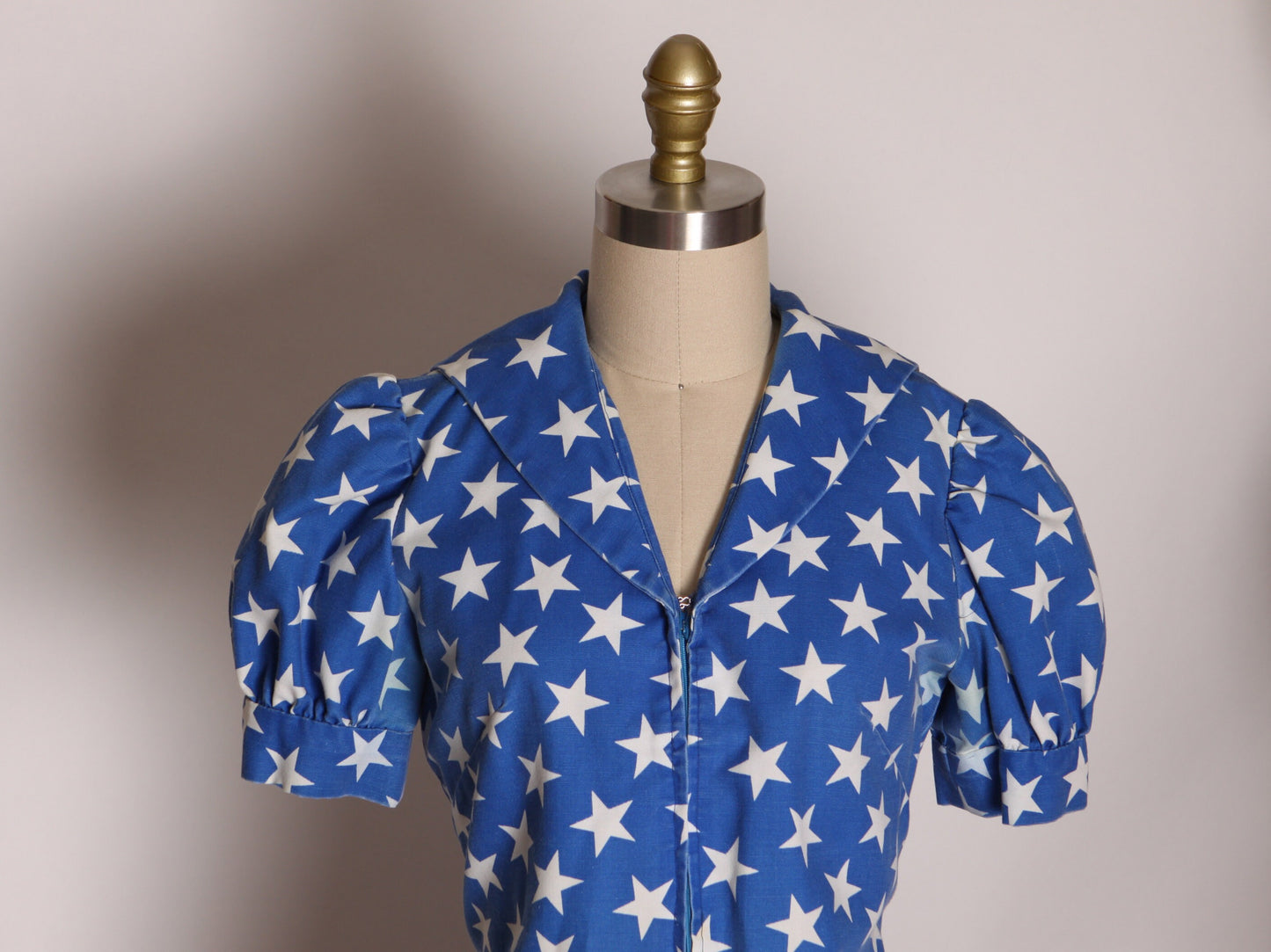 1970s Blue and White America Short Sleeve Novelty Stars Print Sailor Style Blouse -S