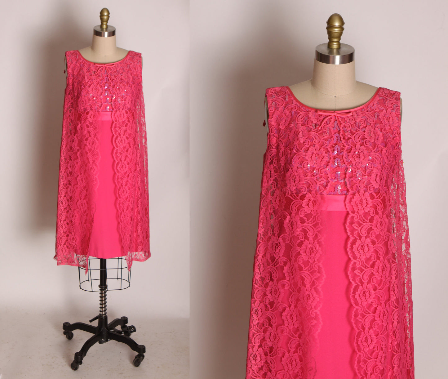 1960s Pink Sleeveless Sequin Bodice Lace Open Front Go Go Mini Dress -S