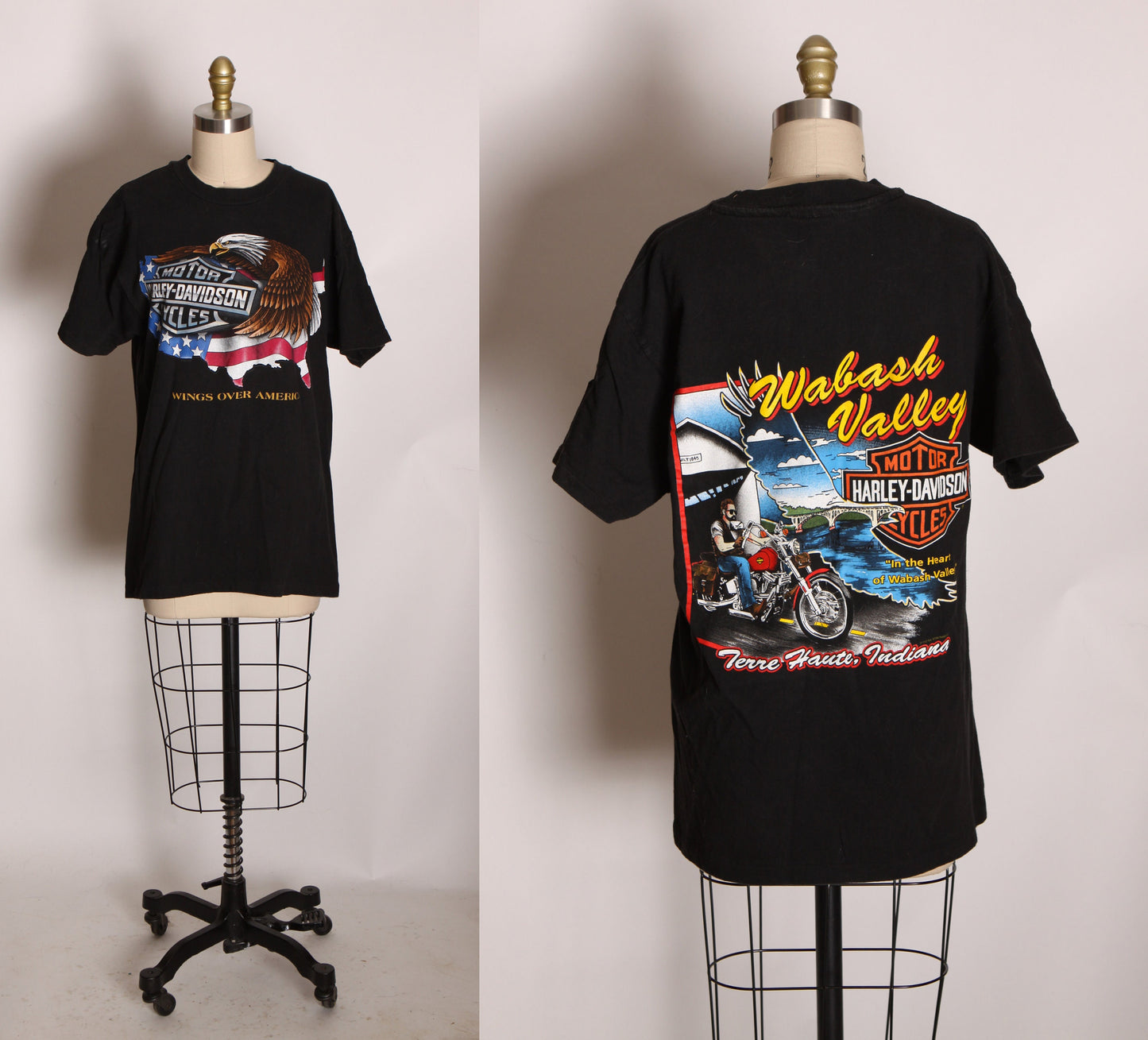 1992 Single Stitch Wabash Valley Terre Haute Indiana Black Short Sleeve American Eagle Harley Davidson Biker T Shirt by Harley Davidson -M