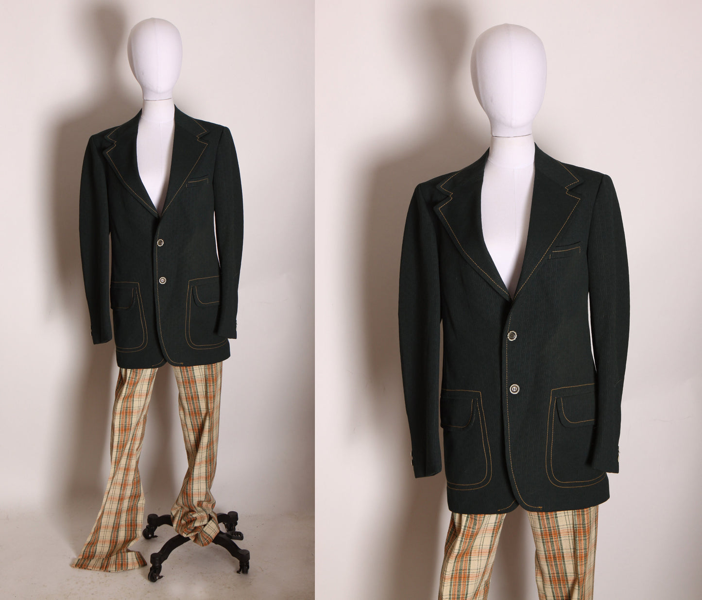 1970s Forest Green and Yellow Plaid Mens Blazer Suit Jacket with Matching Plaid Pants by Levi’s Panatela and Meschke’s -XS