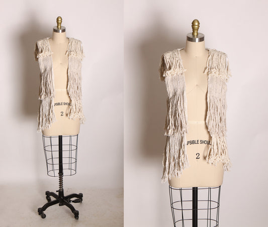 1970s 1980s Natural Fiber Woven Fringe Mop Open Front Boho Hippie Vest -M