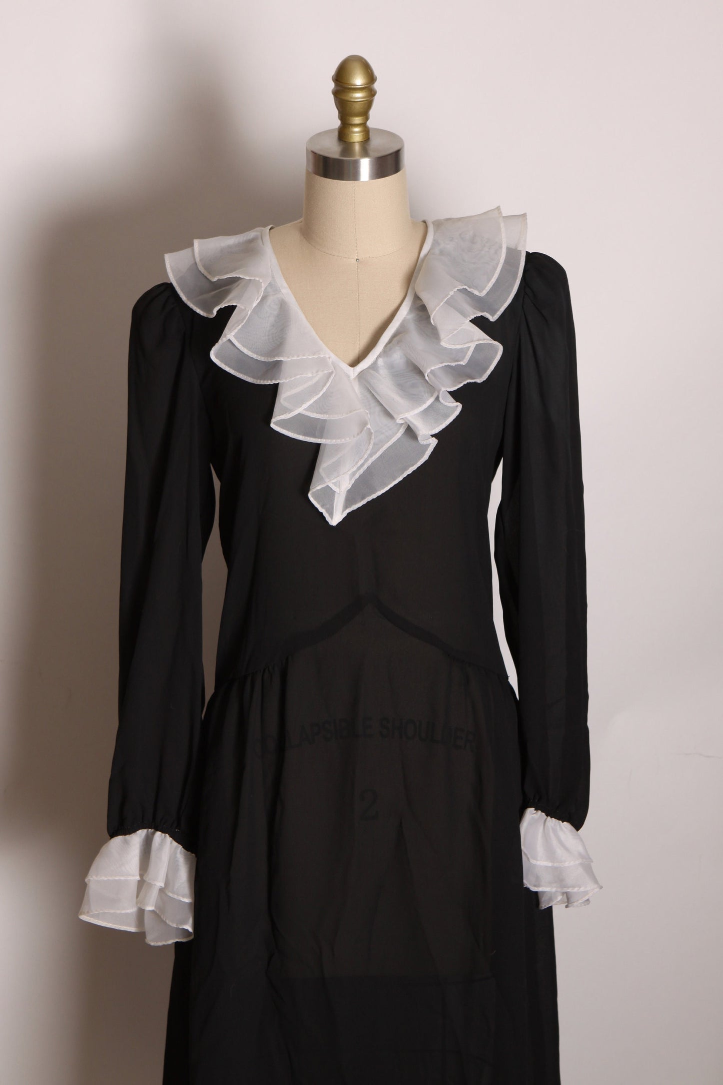 1970s Semi Sheer Black White Trim Ruffle Collar Long Sleeve Wednesday Addams Style Dress by JT Dress -M