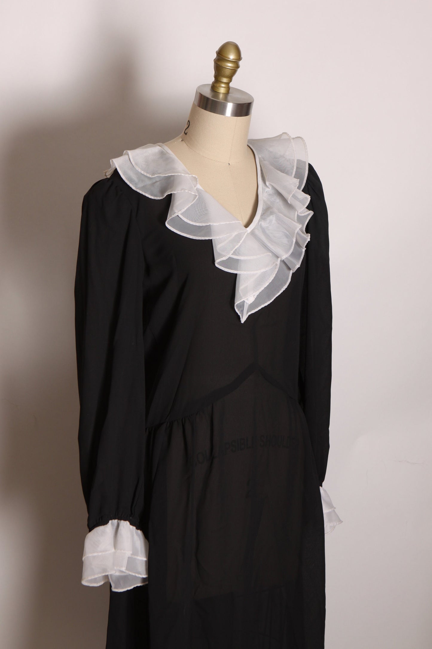 1970s Semi Sheer Black White Trim Ruffle Collar Long Sleeve Wednesday Addams Style Dress by JT Dress -M