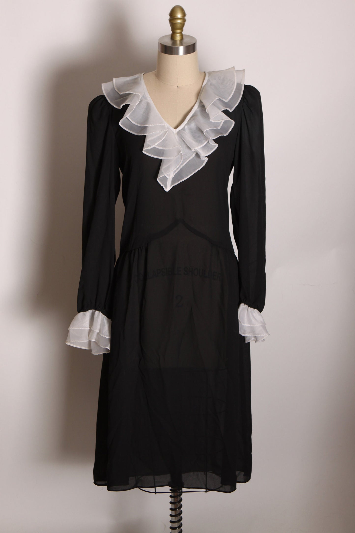 1970s Semi Sheer Black White Trim Ruffle Collar Long Sleeve Wednesday Addams Style Dress by JT Dress -M