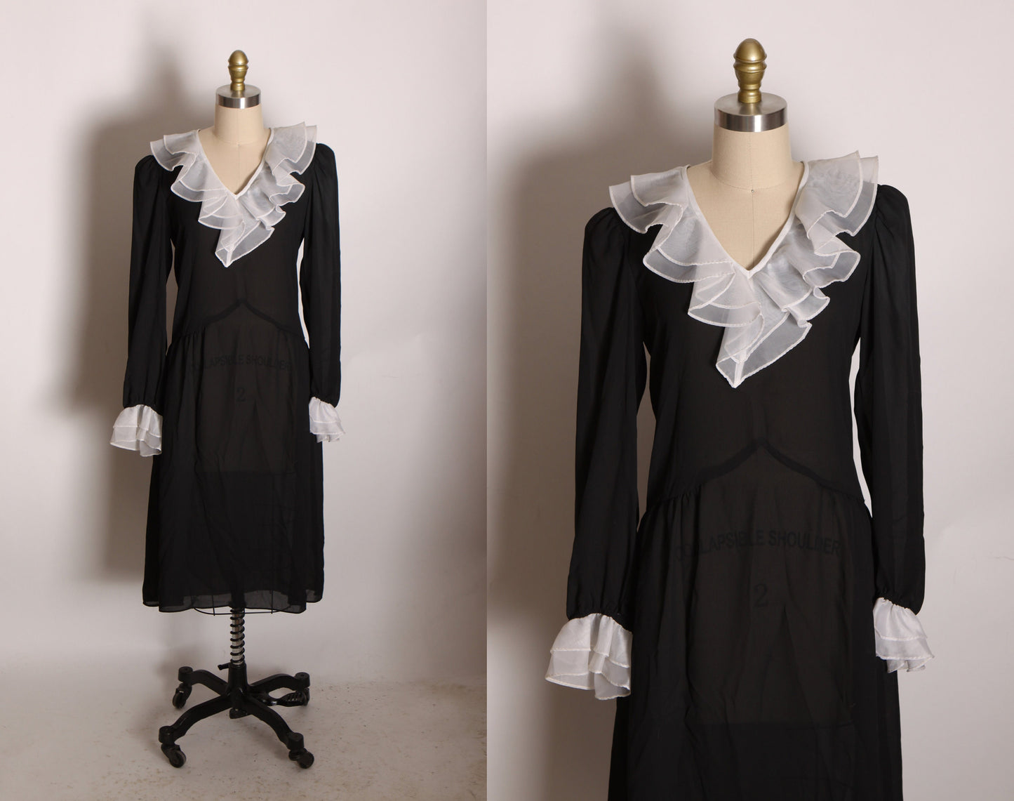 1970s Semi Sheer Black White Trim Ruffle Collar Long Sleeve Wednesday Addams Style Dress by JT Dress -M