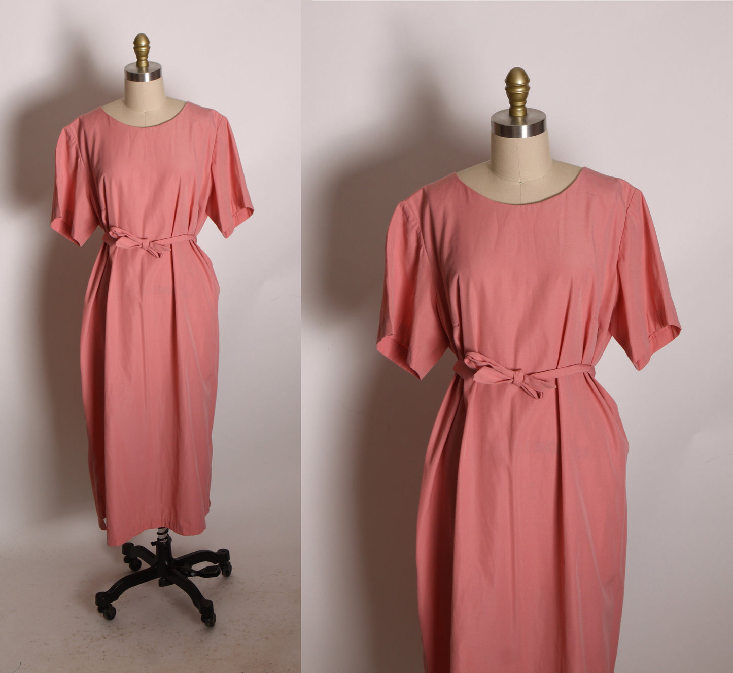 1960s 1970s Dusty Rose Pink Short Sleeve Belted Shift Dress -2XL