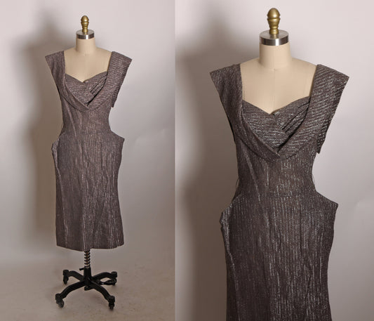 1950s Brown Bronze Sleeveless Woven Lurex Deep V Neck Hip Pockets Wiggle Dress -S