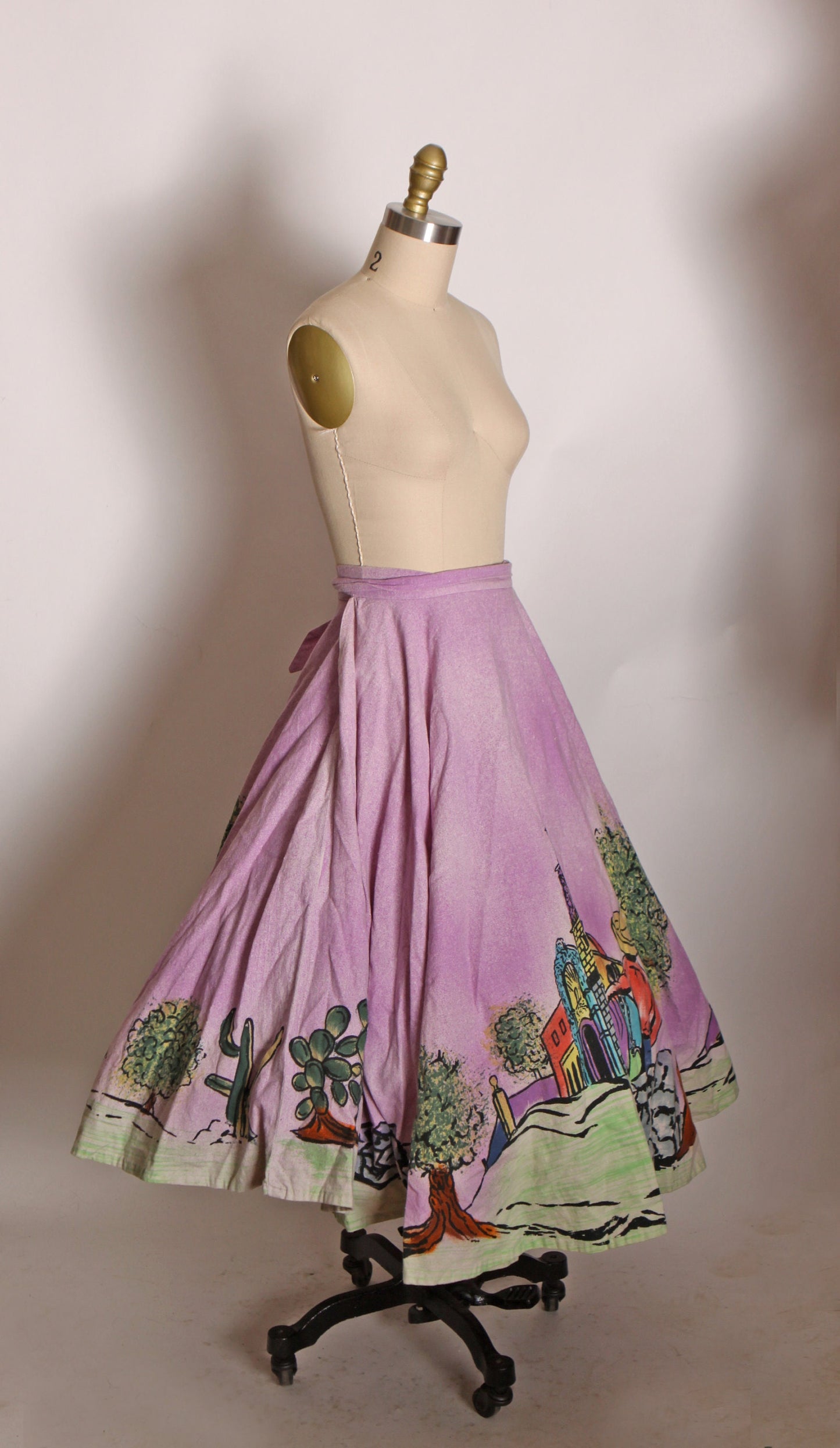 1950s Purple Multi-Colored Hand Painted Novelty Scenic Couple Mexican Skirt -M