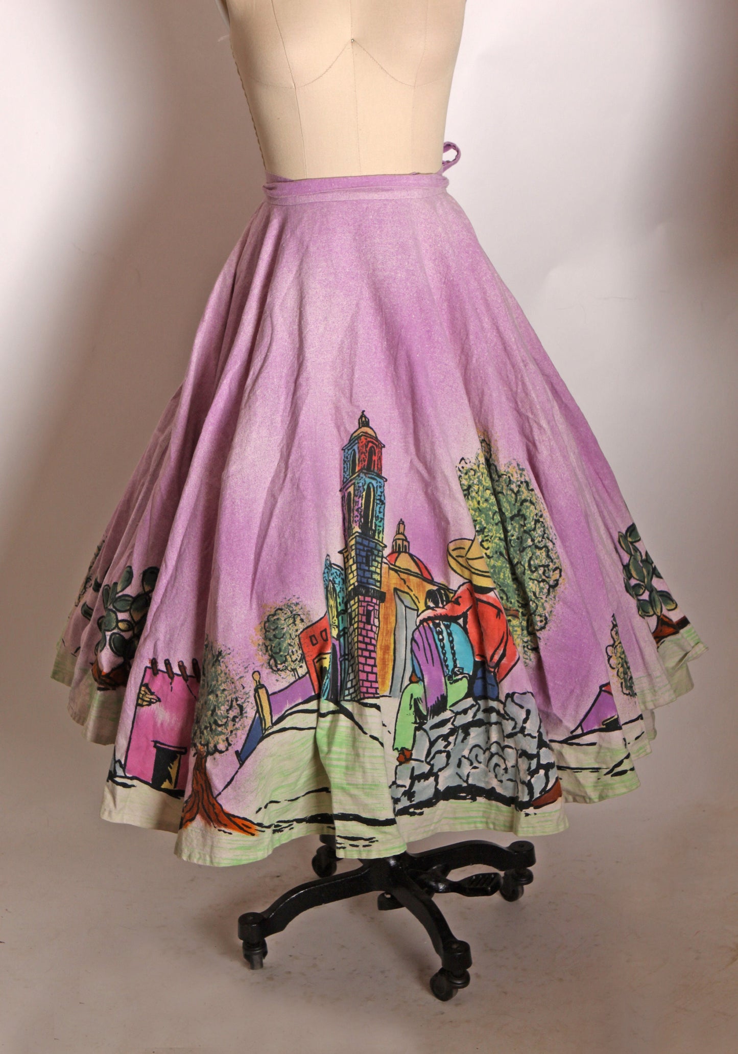 1950s Purple Multi-Colored Hand Painted Novelty Scenic Couple Mexican Skirt -M