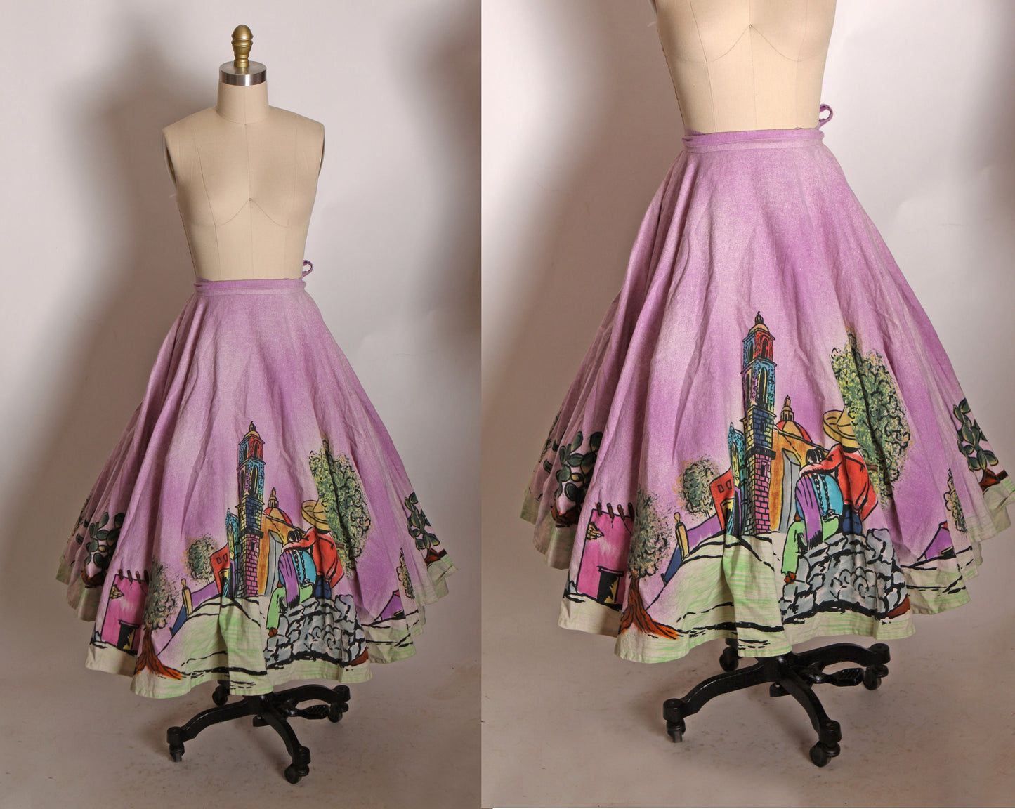 1950s Purple Multi-Colored Hand Painted Novelty Scenic Couple Mexican Skirt -M