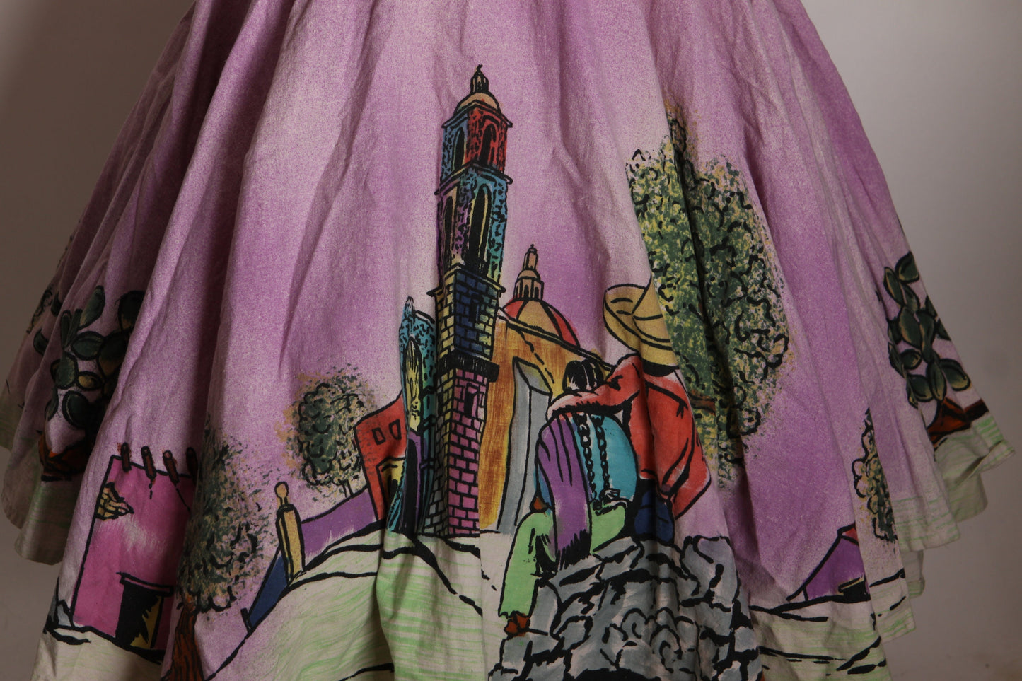 1950s Purple Multi-Colored Hand Painted Novelty Scenic Couple Mexican Skirt -M