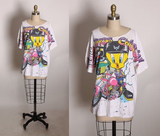 1990s Multi-Colored Graphic Tweety Bird and Sylvester Short Sleeve Cropped Scoop Neck Motorcycle Cruising Single Stitch T Shirt -XL