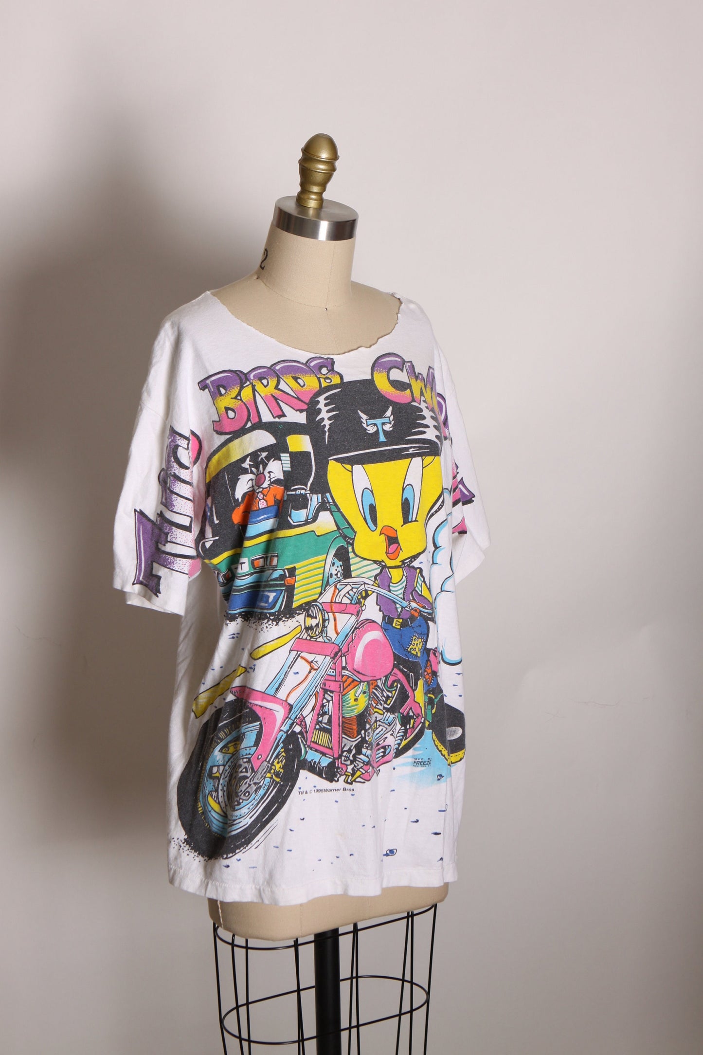 1990s Multi-Colored Graphic Tweety Bird and Sylvester Short Sleeve Cropped Scoop Neck Motorcycle Cruising Single Stitch T Shirt -XL