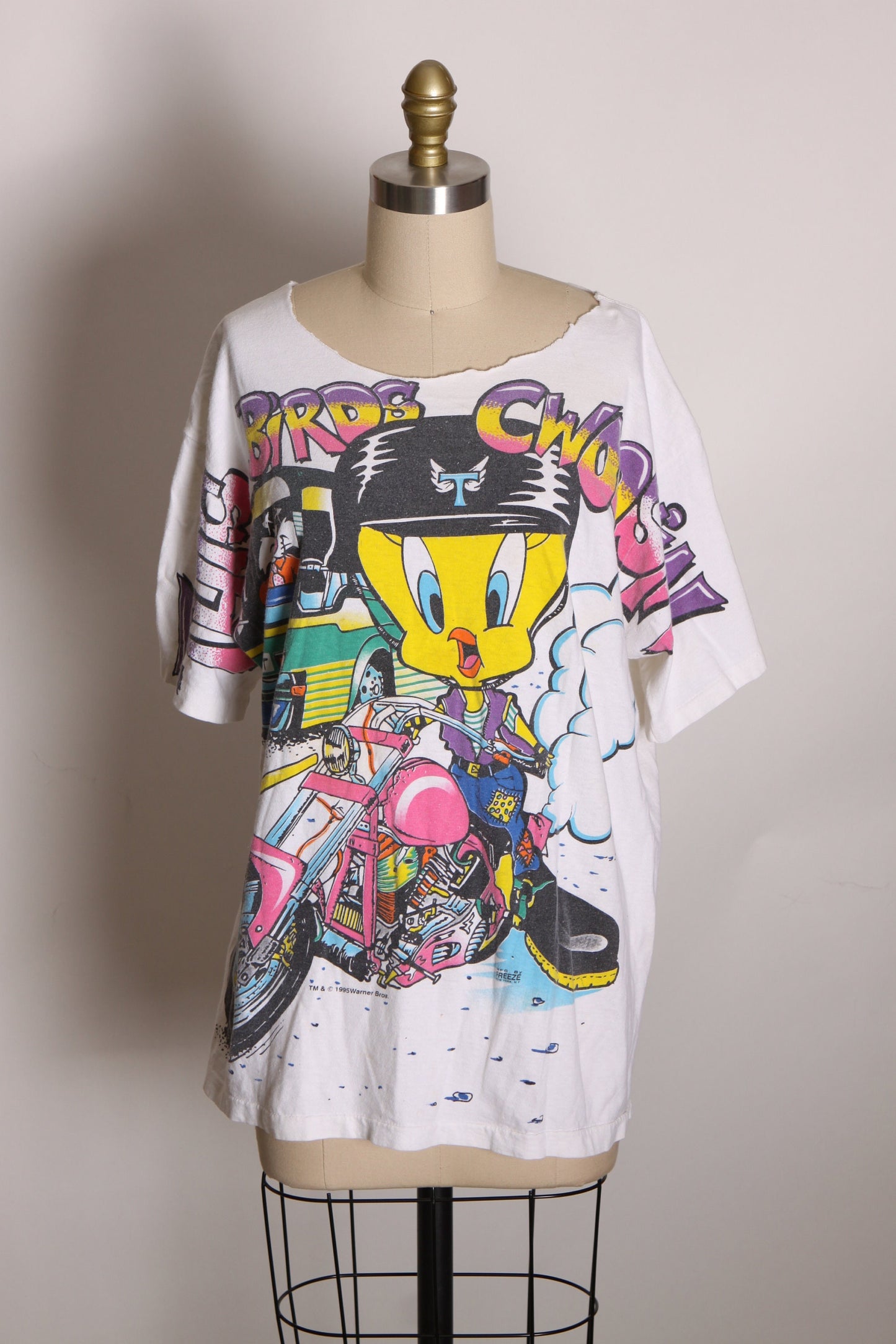 1990s Multi-Colored Graphic Tweety Bird and Sylvester Short Sleeve Cropped Scoop Neck Motorcycle Cruising Single Stitch T Shirt -XL