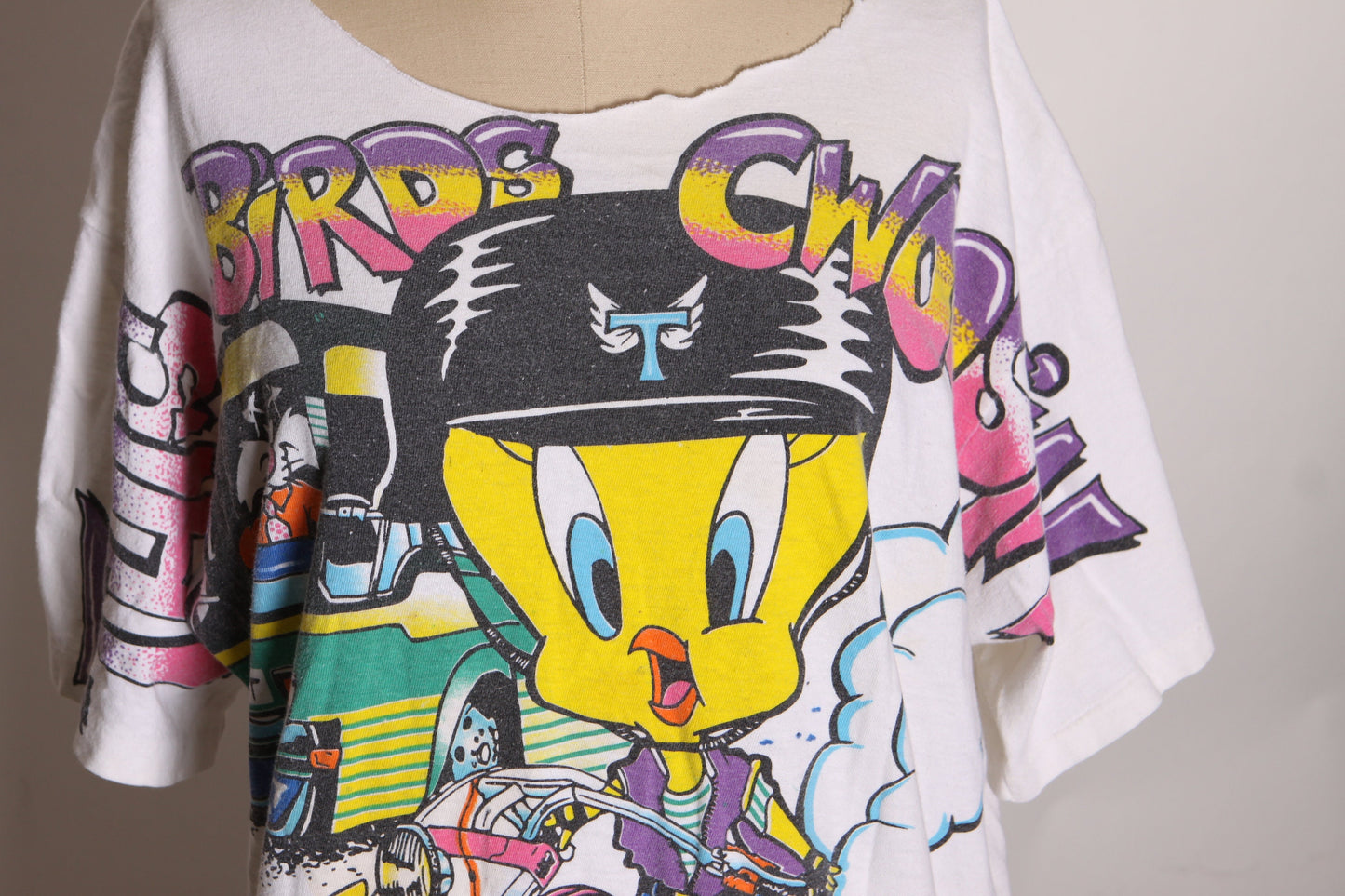 1990s Multi-Colored Graphic Tweety Bird and Sylvester Short Sleeve Cropped Scoop Neck Motorcycle Cruising Single Stitch T Shirt -XL