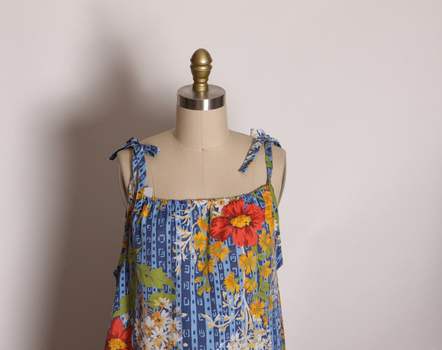 1970s Blue, White, Red and Green Floral Spaghetti Shift Dress -L