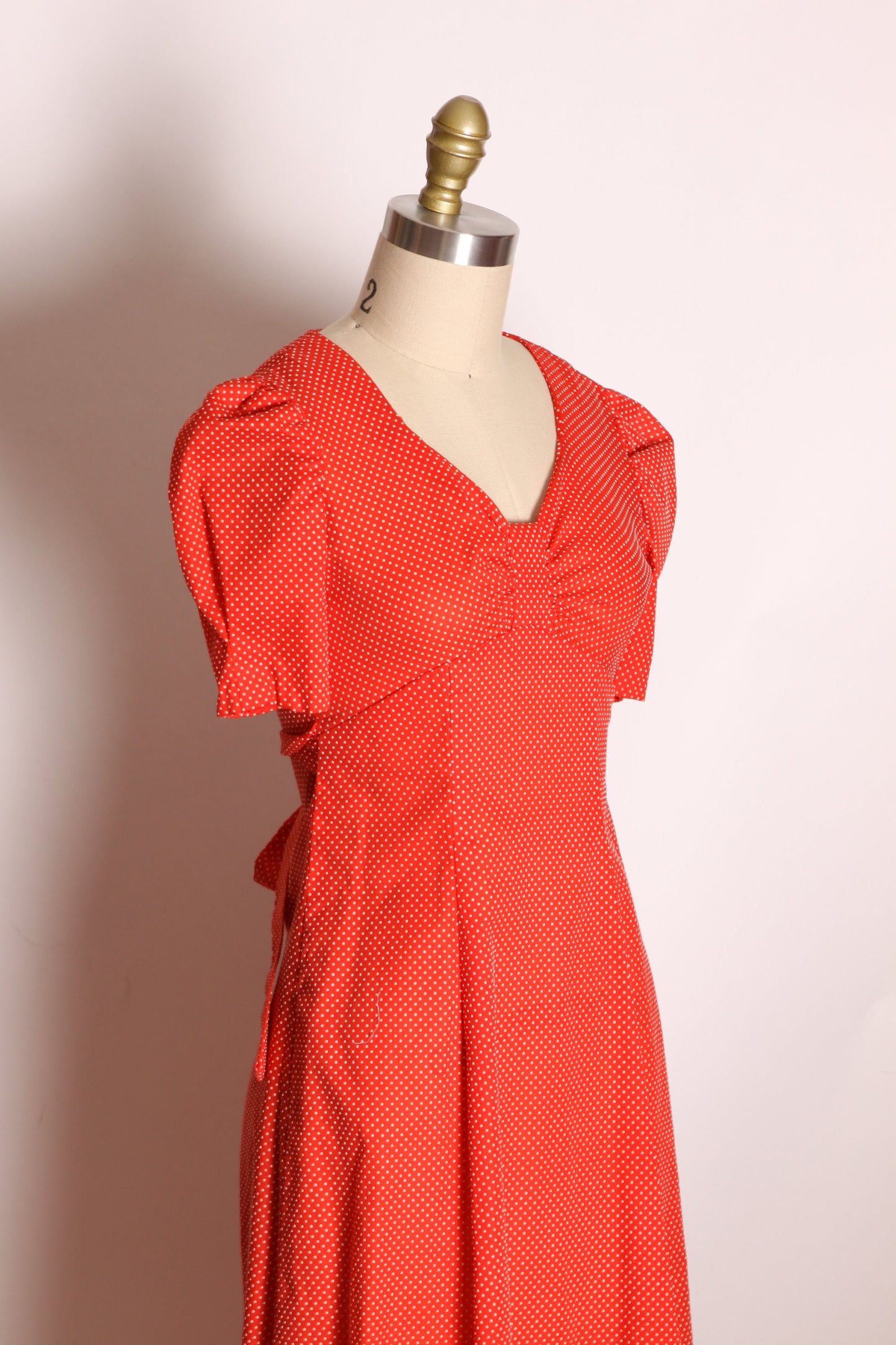 1970s Red and White Polka Dot Short Sleeve Full Length Waist Tie Dress -XS