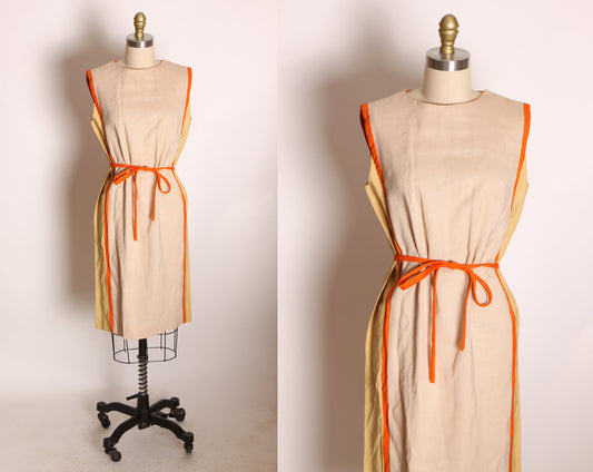 1960s Tan, Yellow and Orange Sleeveless Side Stripe Belted Shift Dress -M