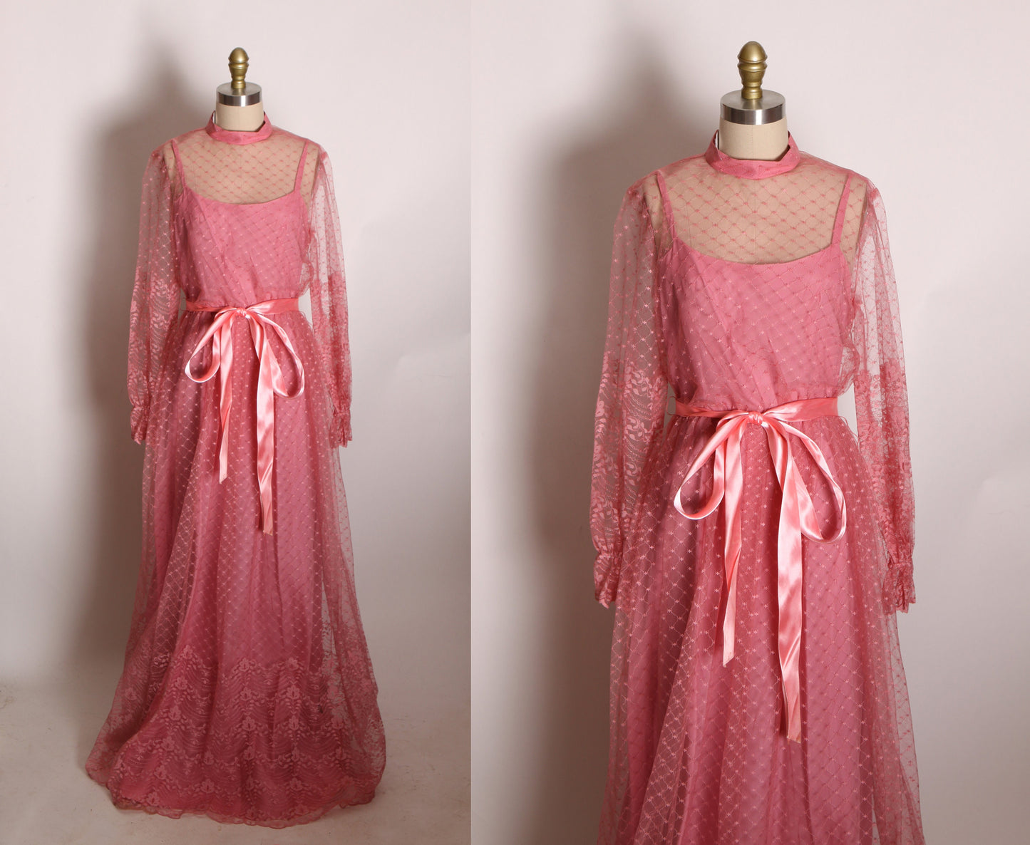 1970s Dusty Rose Pink Sheer Lace Long Sleeve Full Length Formal Prom Pageant Dress -XS