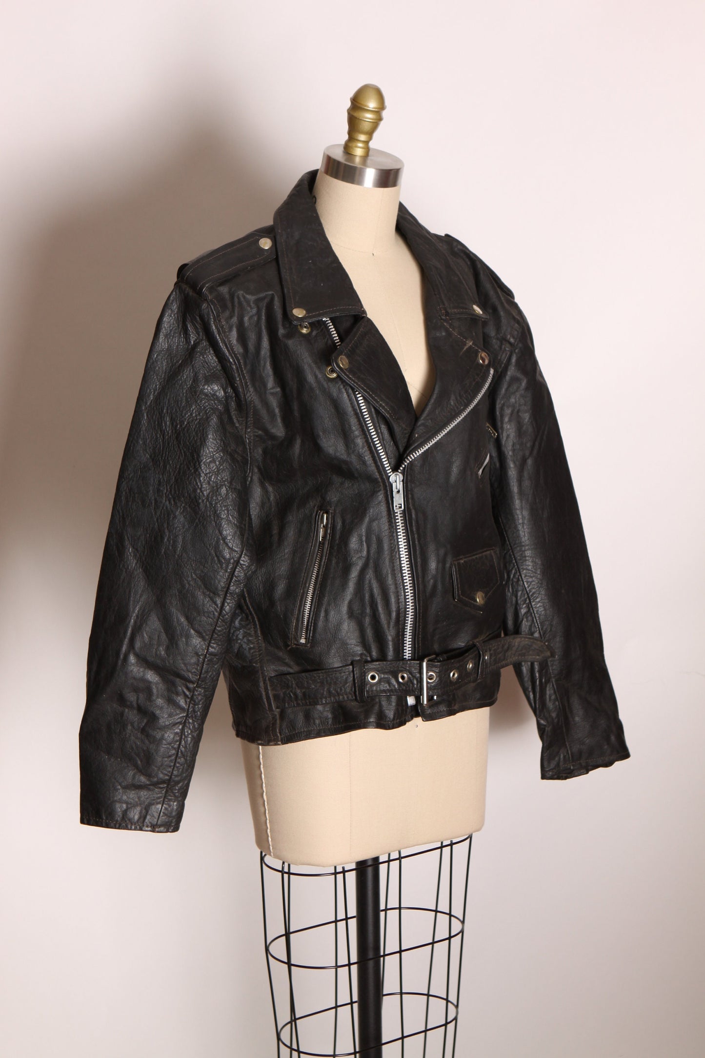 1980s Black Leather Zippered Long Sleeve Clear Vinyl Cut Out Back Motorcycle Jacket -L