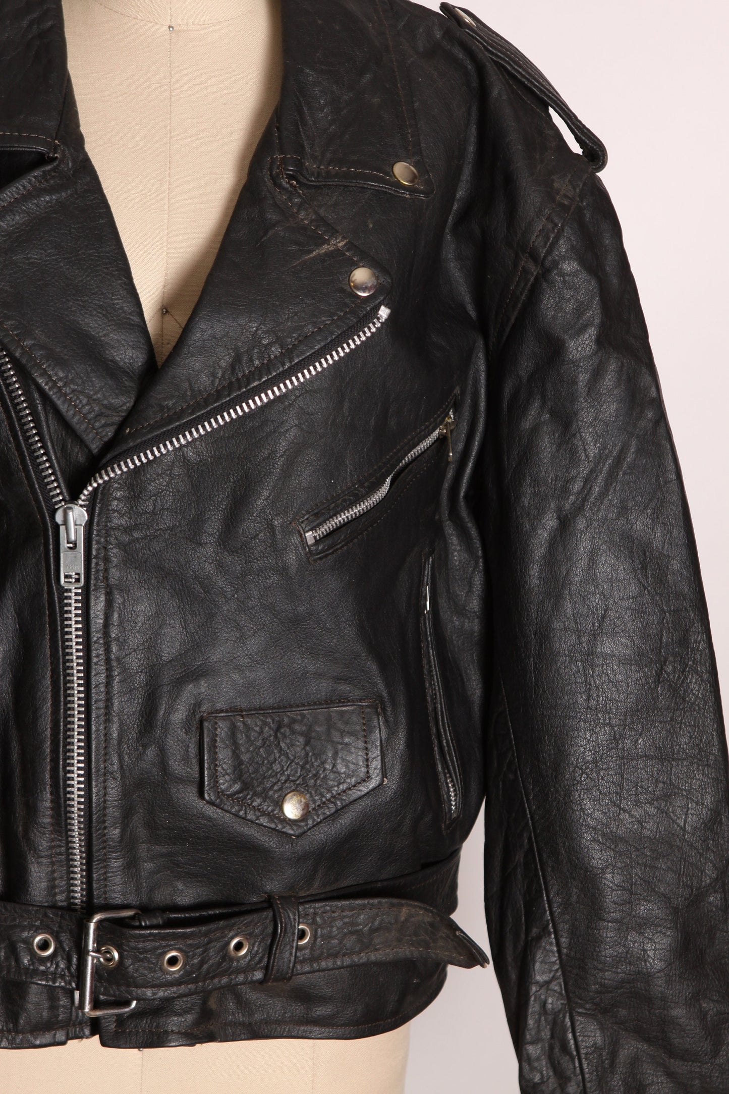 1980s Black Leather Zippered Long Sleeve Clear Vinyl Cut Out Back Motorcycle Jacket -L