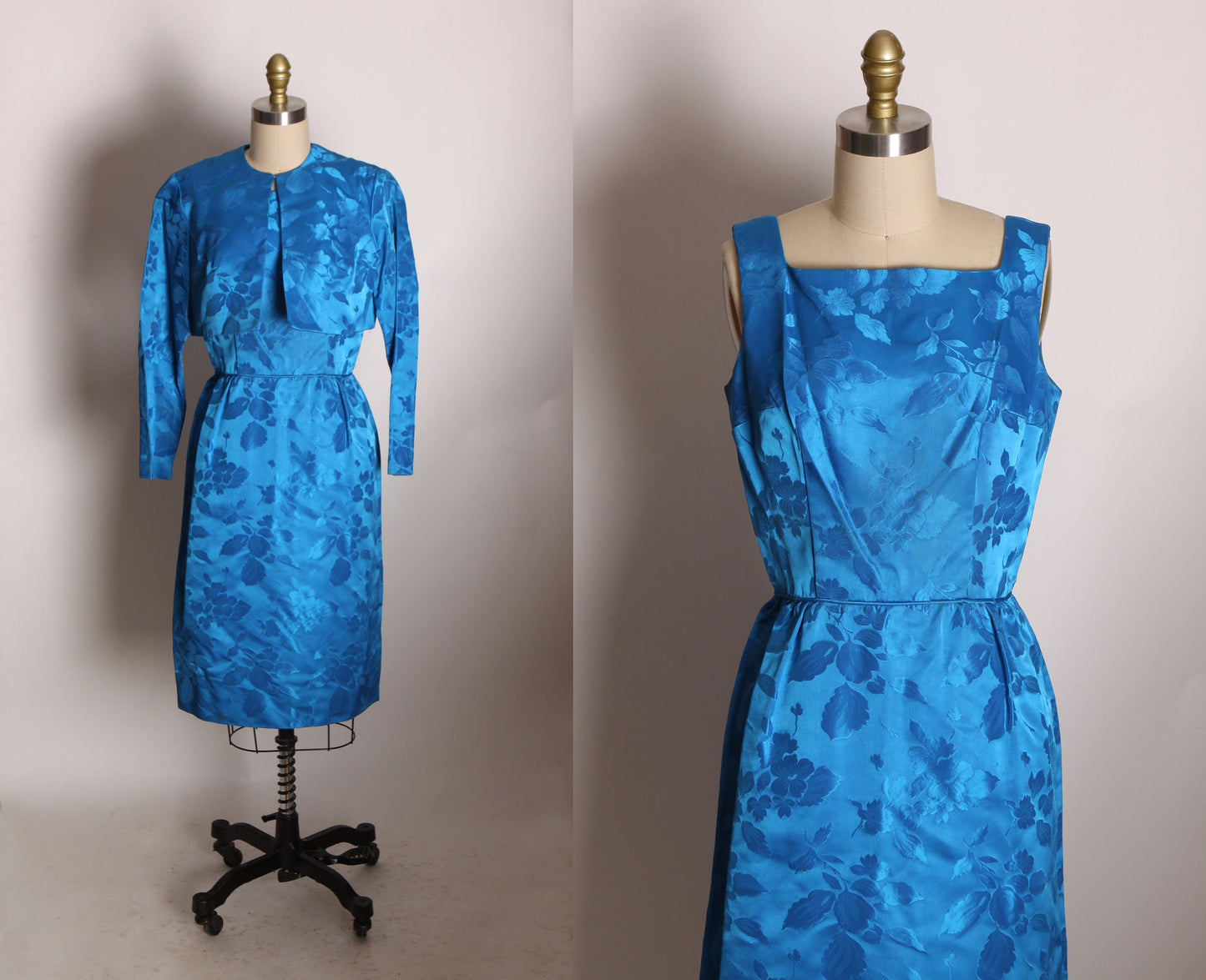 1950s Blue Floral Brocade Sleeveless Wiggle Dress with Matching 3/4 Length Sleeve Jacket Outfit -S