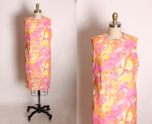 1960s Pink and Yellow Abstract Swirl Sleeveless Shift Dress