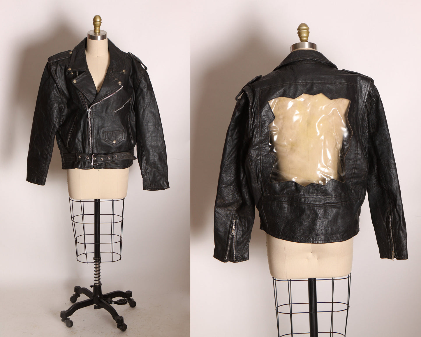 1980s Black Leather Zippered Long Sleeve Clear Vinyl Cut Out Back Motorcycle Jacket -L