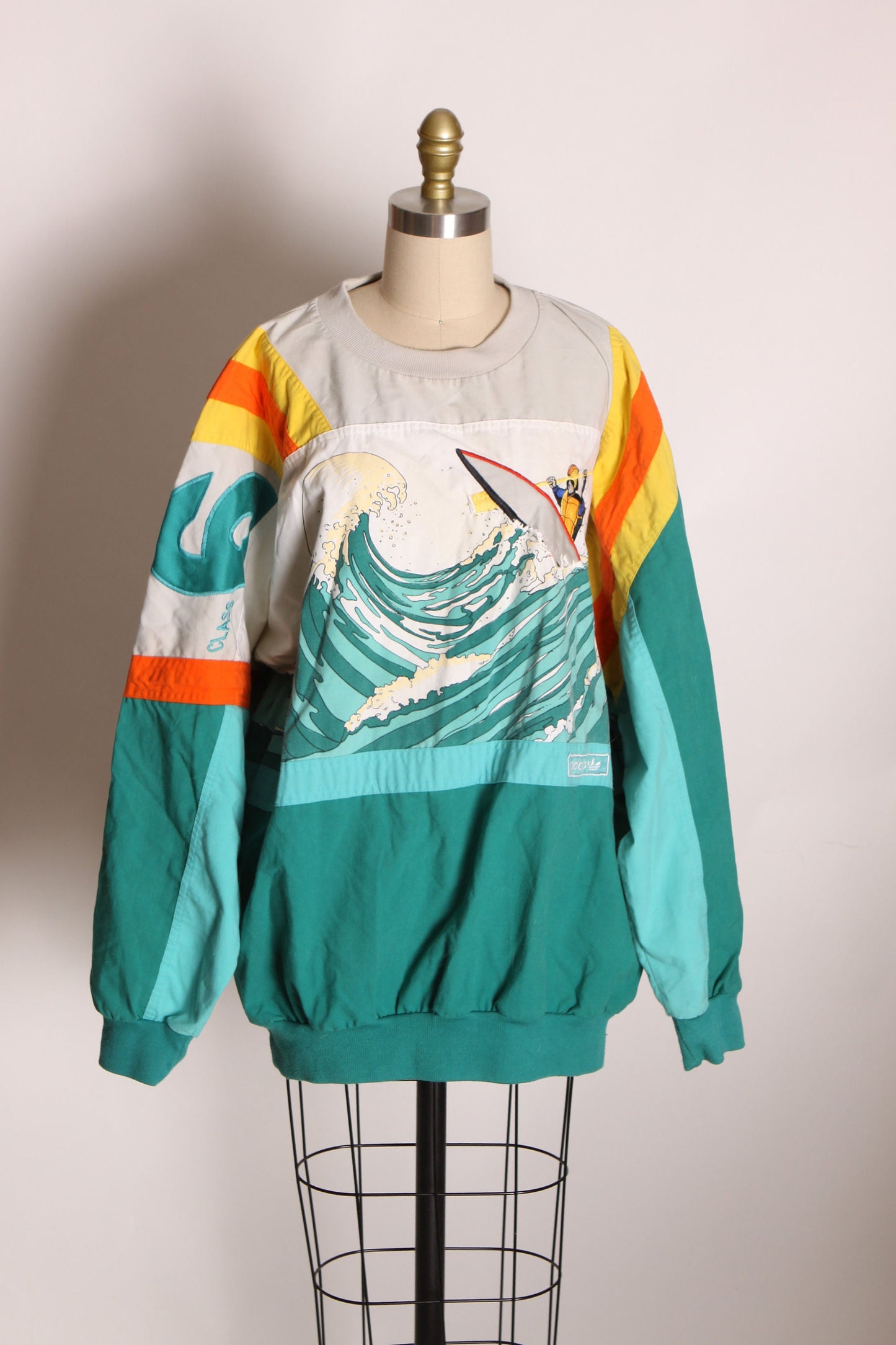 1980s Teal Blue Green, Tan and Orange Long Sleeve Novelty Wave Devils Toenail Pullover Sweatshirt by Adidas -XL