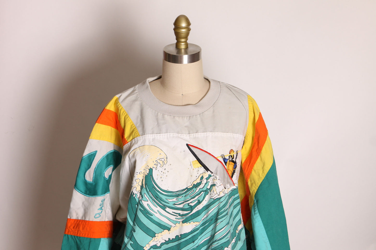 1980s Teal Blue Green, Tan and Orange Long Sleeve Novelty Wave Devils Toenail Pullover Sweatshirt by Adidas -XL