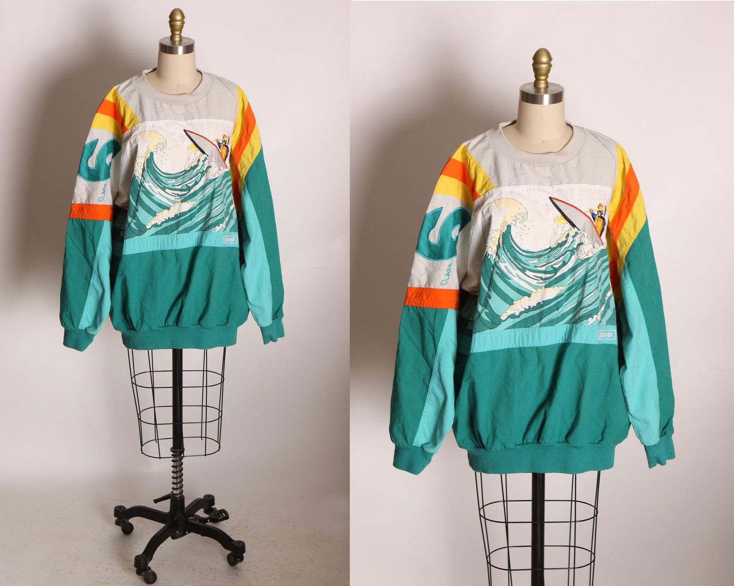 1980s Teal Blue Green, Tan and Orange Long Sleeve Novelty Wave Devils Toenail Pullover Sweatshirt by Adidas -XL