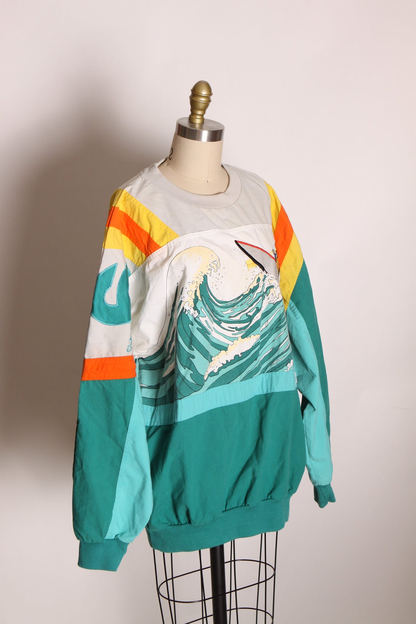 1980s Teal Blue Green, Tan and Orange Long Sleeve Novelty Wave Devils Toenail Pullover Sweatshirt by Adidas -XL