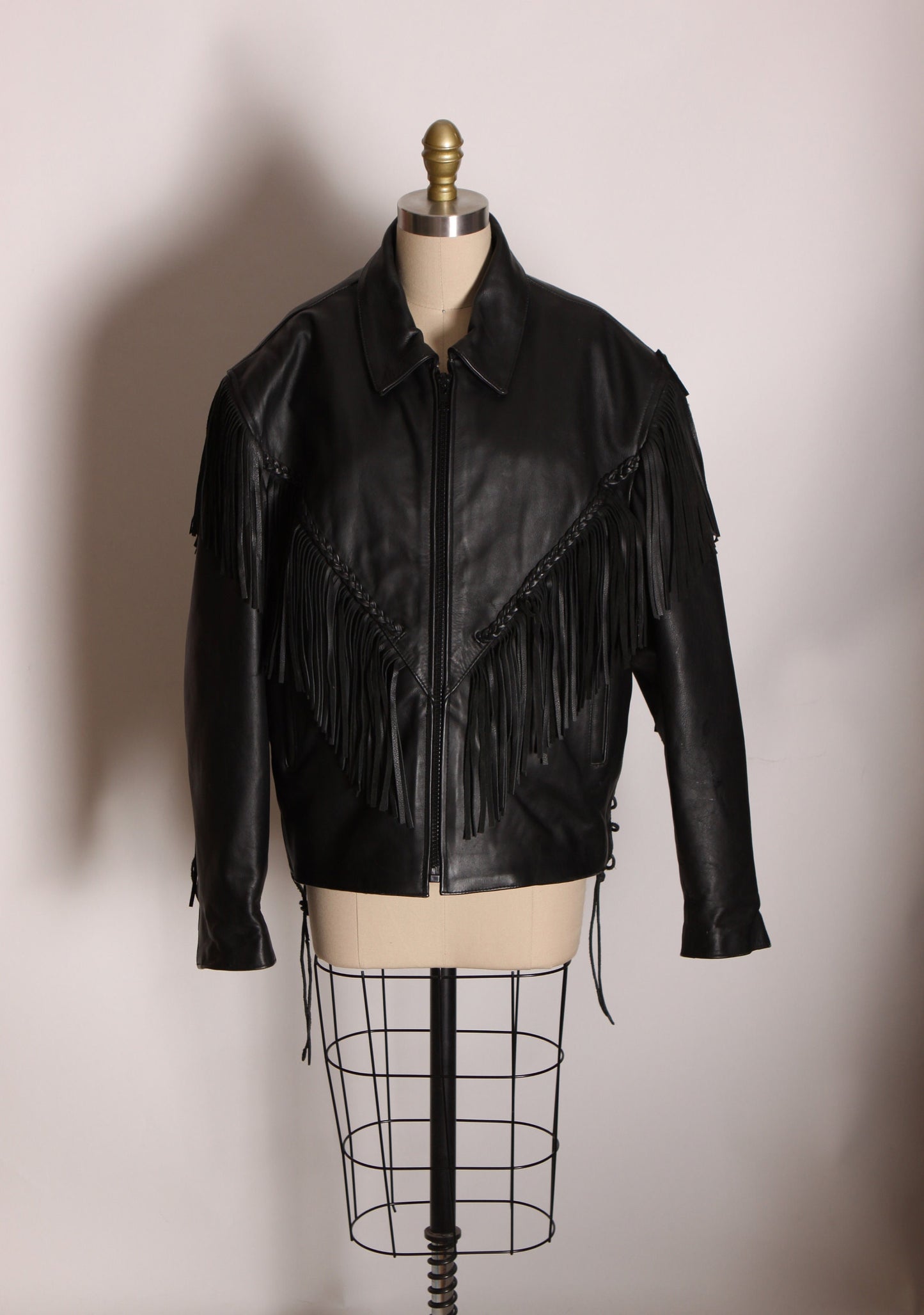 1980s Black Leather Fringe Long Sleeve Motorcycle Jacket Coat by Wild Ride -XXL