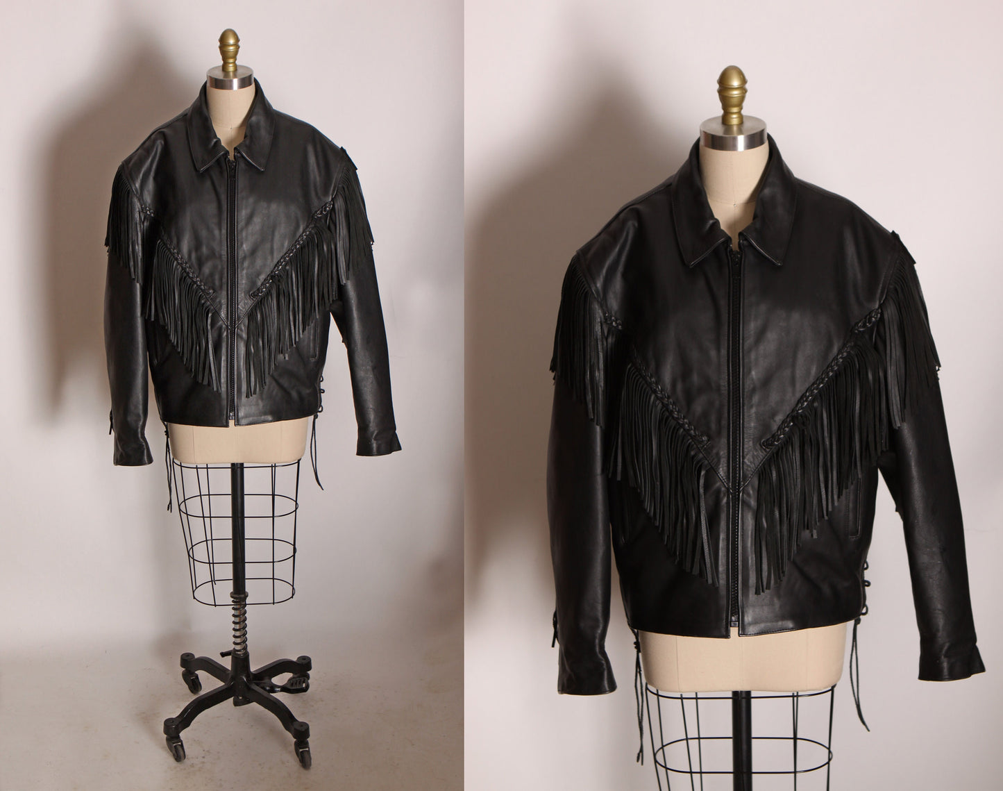 1980s Black Leather Fringe Long Sleeve Motorcycle Jacket Coat by Wild Ride -XXL