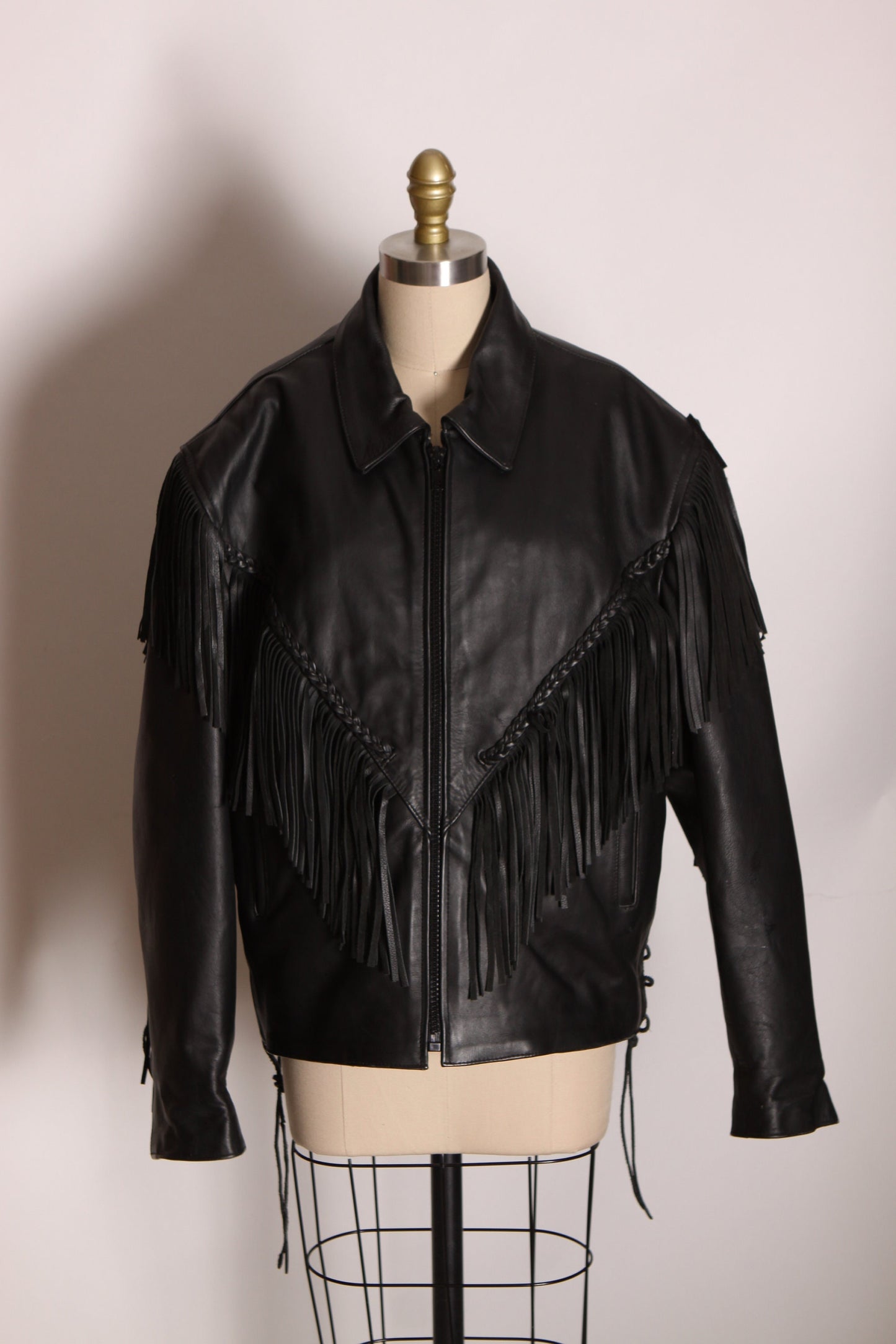 1980s Black Leather Fringe Long Sleeve Motorcycle Jacket Coat by Wild Ride -XXL