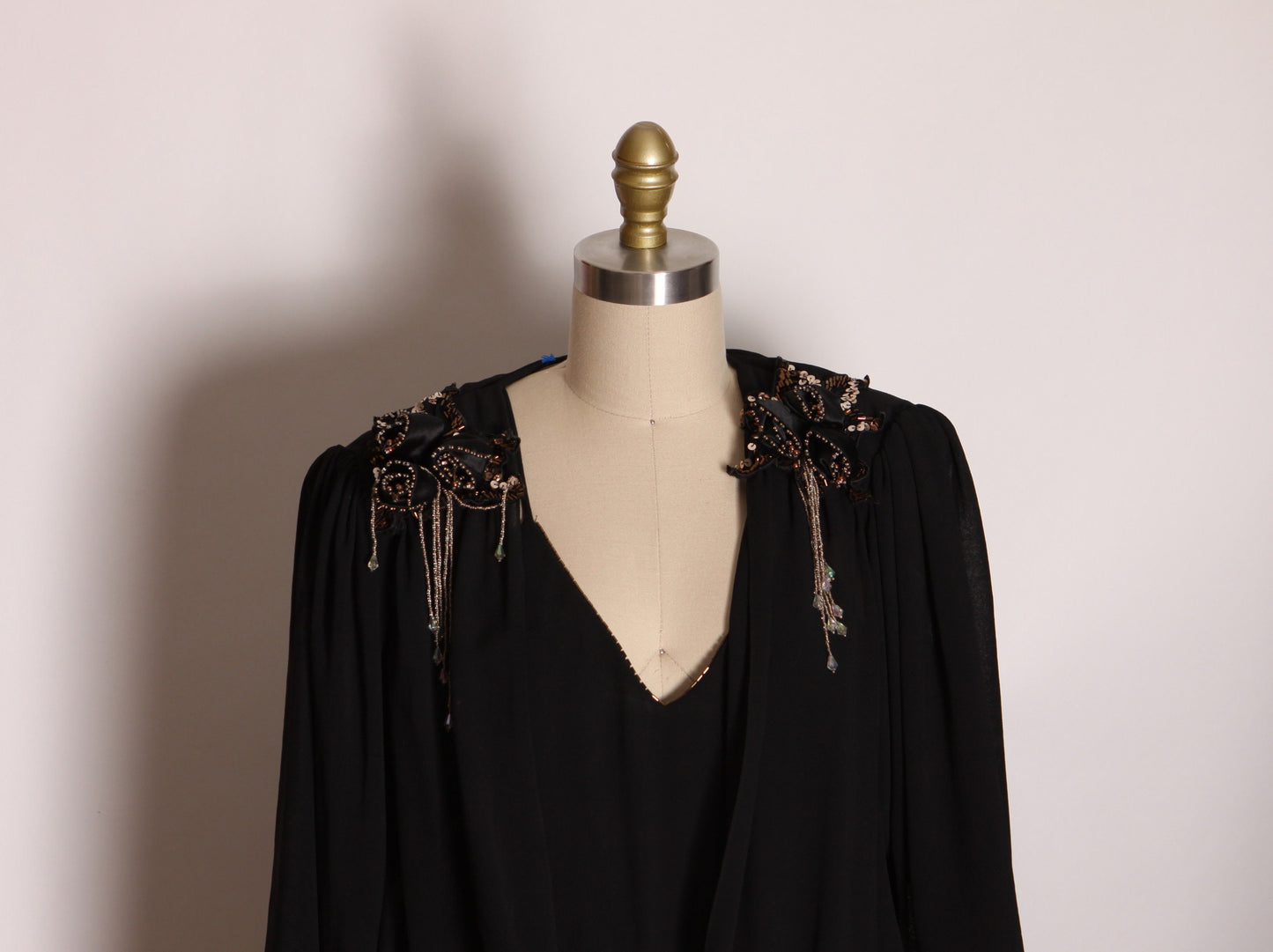 1980s Does 1920s Drop Waist Flapper Style Beaded Flowers Shoulder Detail Black Dress by Casadei -S