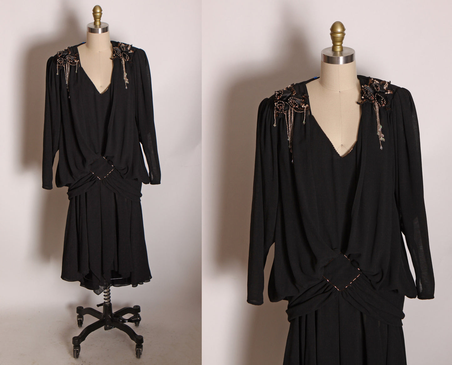 1980s Does 1920s Drop Waist Flapper Style Beaded Flowers Shoulder Detail Black Dress by Casadei -S