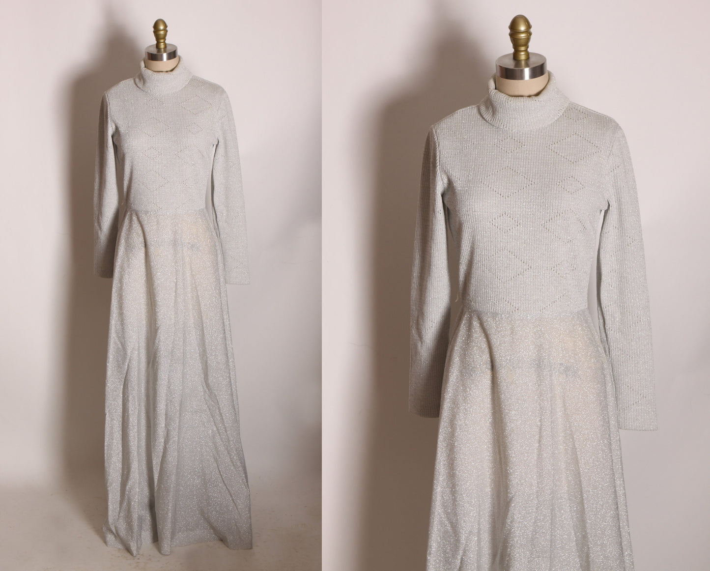 1970s Long Sleeve Turtleneck Full Length Silver Lurex Sweater Dress by Joseph Magnin -S