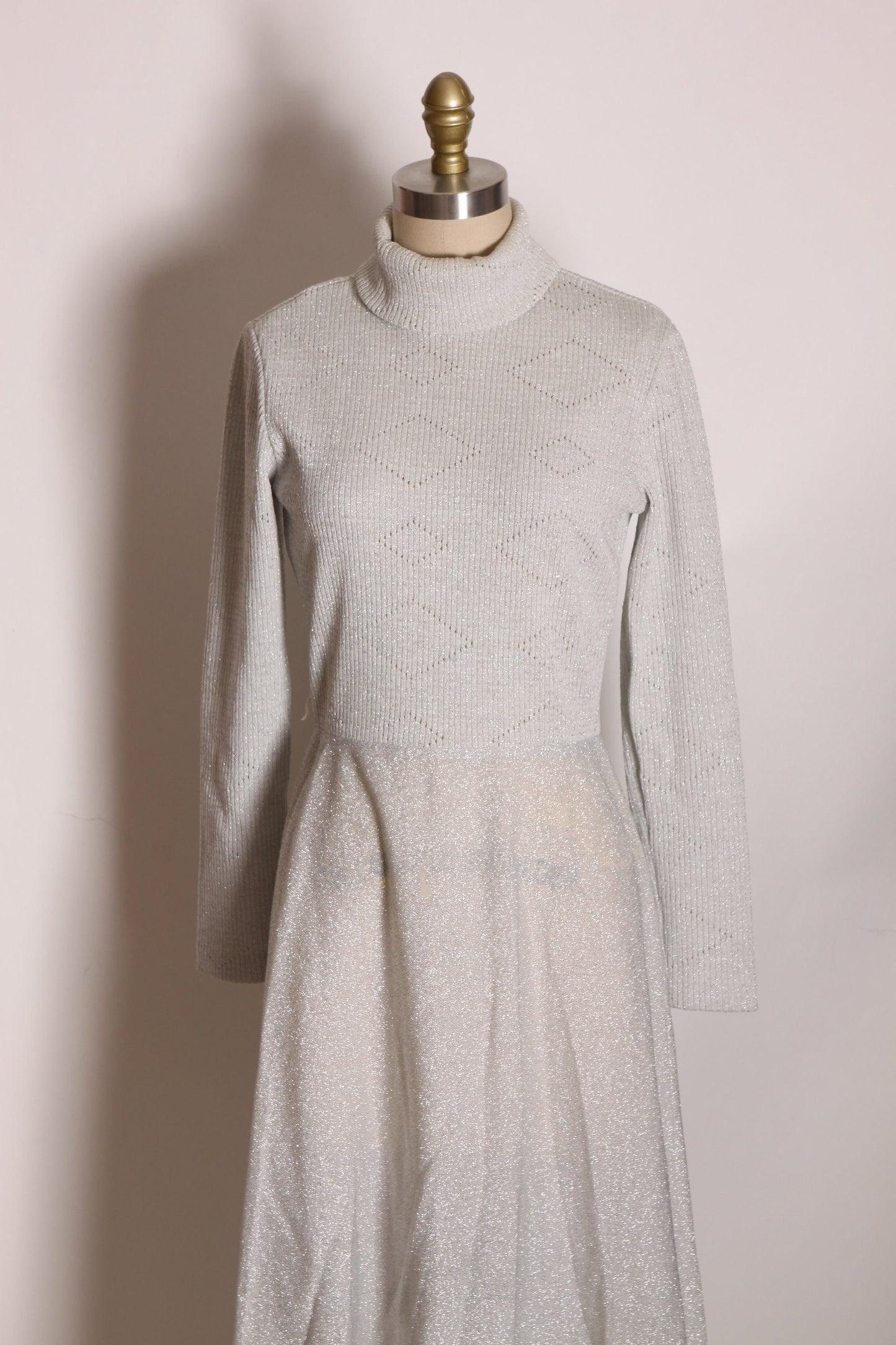 1970s Long Sleeve Turtleneck Full Length Silver Lurex Sweater Dress by Joseph Magnin -S