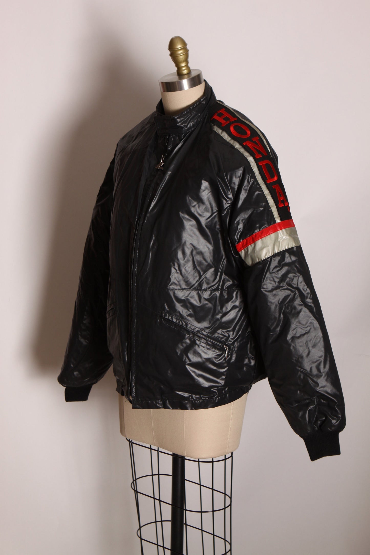 1970s 1980s Black Long Sleeve Zip Up Honda Motorcycle Jacket by Hondaline -M