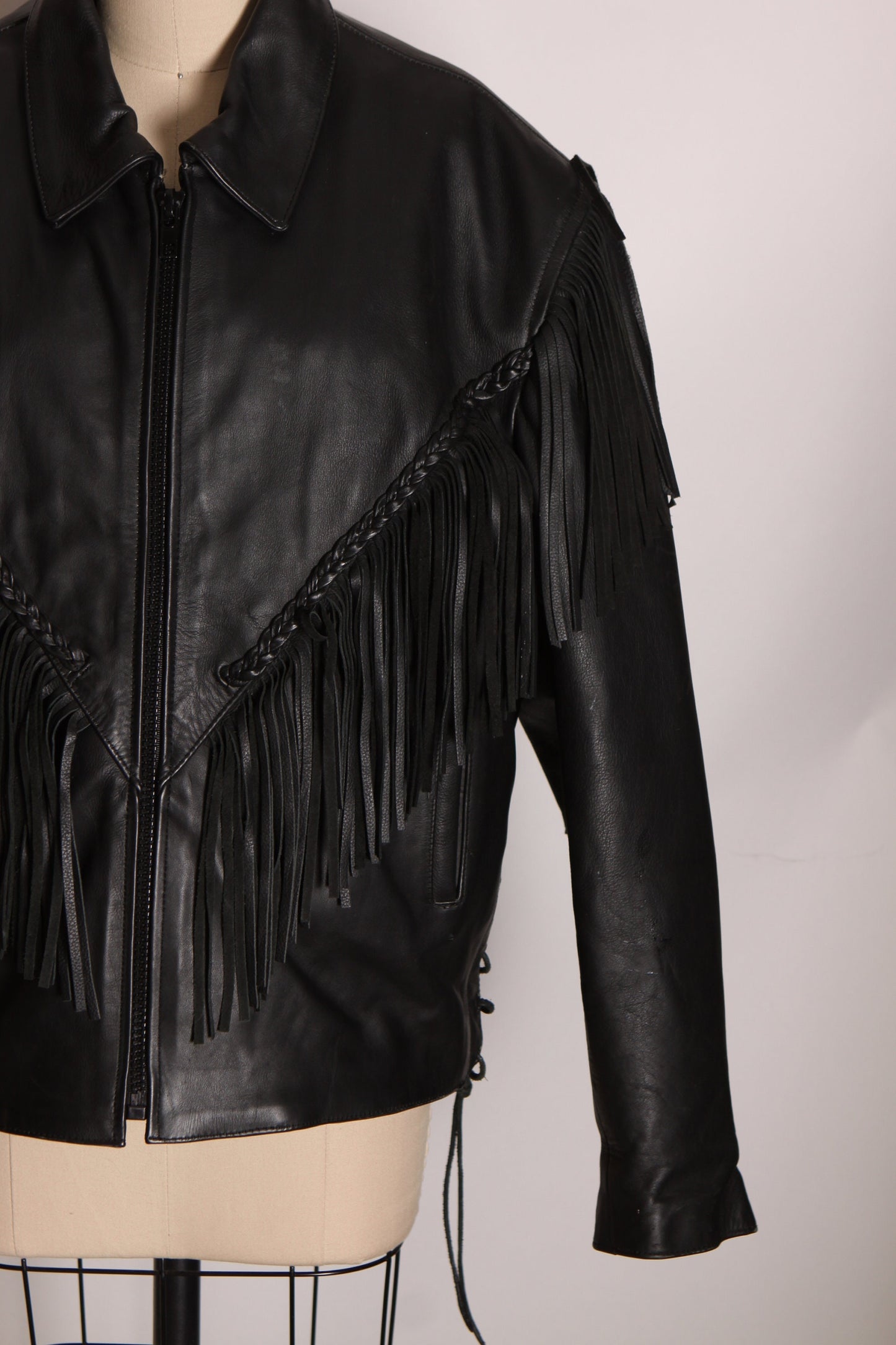 1980s Black Leather Fringe Long Sleeve Motorcycle Jacket Coat by Wild Ride -XXL