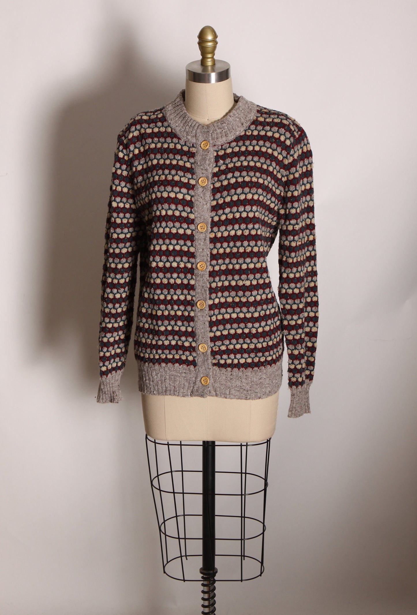 1970s Tan, Red and Blue Knit Long Sleeve Button Up Sweater Cardigan by Sweater Bee by Banff Ltd. -L
