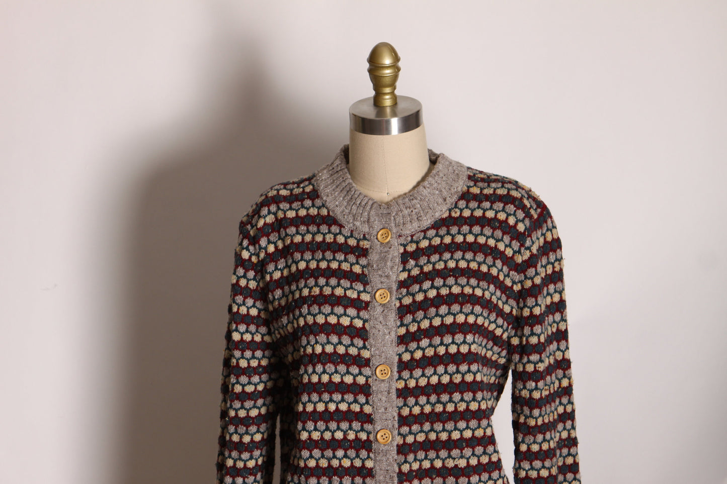 1970s Tan, Red and Blue Knit Long Sleeve Button Up Sweater Cardigan by Sweater Bee by Banff Ltd. -L