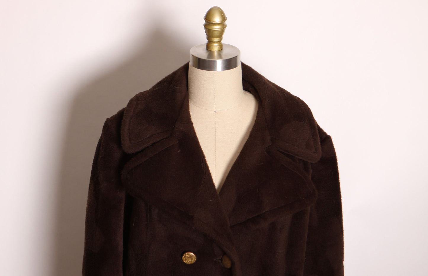 1970s Dark Brown Faux Fur Gold Tone Button Up Long Sleeve Fuzzy Coat by Trail Tracer