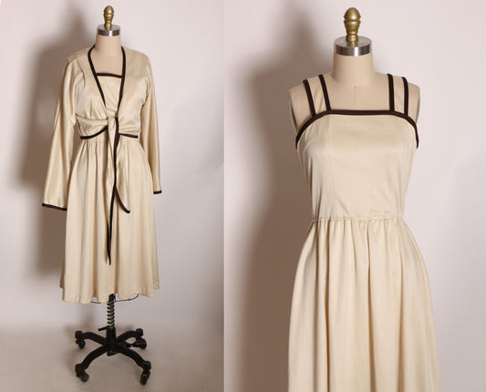 1970s Cream and Brown Wide Strap Fit and Flare Dress with Matching Tie Wrap Jacket Outfit -S