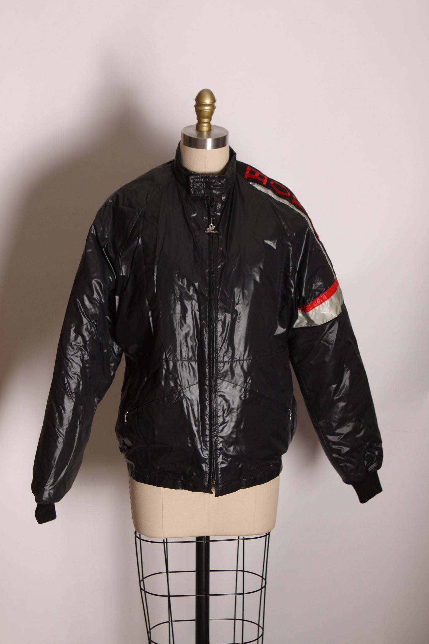 1970s 1980s Black Long Sleeve Zip Up Honda Motorcycle Jacket by Hondaline -M